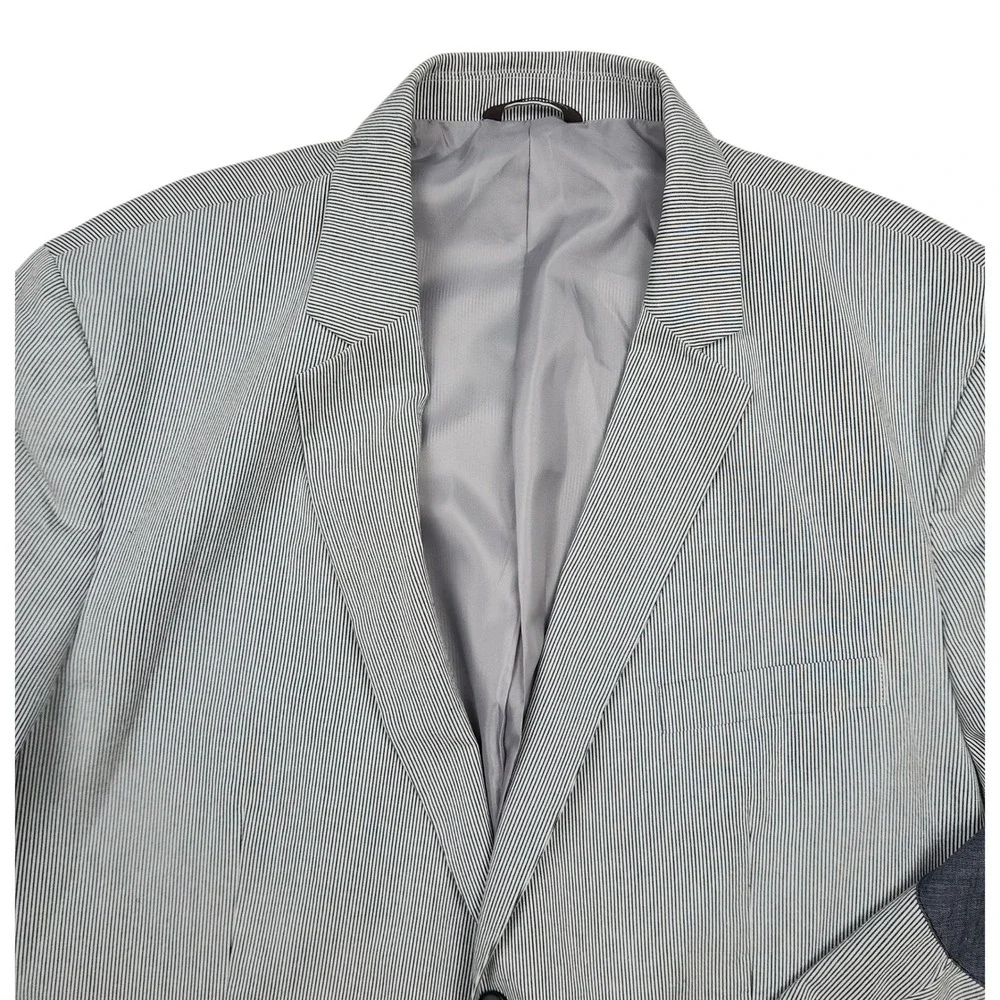 Tasso Elba Seersucker Elbow Patches Blazer Jacket Sz XXL 50-52 White Blue Stripe